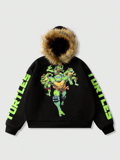 TEENAGE MUTANT NINJA TURTLES X ROMWE Herren Lässig Kapuzenpullover mit Buchstaben- und Schildkrötendruck sowie Fellbesatz, Herbst/Winter