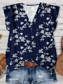 EMERY ROSE Women's Casual Vacation Front Button V-Neck Loose Flare Sleeve Shirt, Minimalist Design, Suitable For Summer And Vacation, Small Ditsy Floral Women Summer Blouse Top Floral Blouse Women Chic Blouses For Women