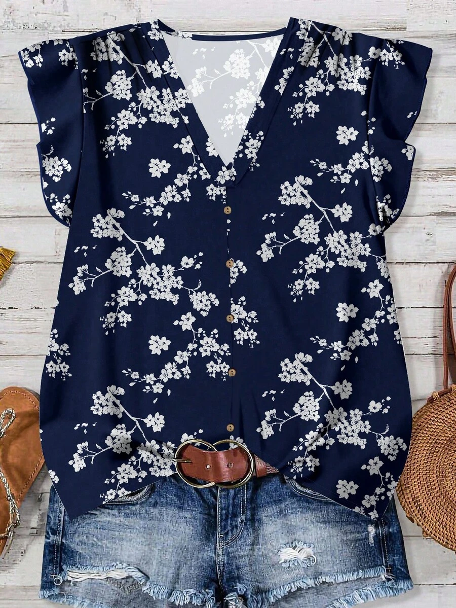 EMERY ROSE Women's Casual Vacation Front Button V-Neck Loose Flare Sleeve Shirt, Minimalist Design, Suitable For Summer And Vacation, Small Ditsy Floral Women Summer Blouse Top Floral Blouse Women Chic Blouses For Women