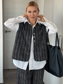 Vivie Lora 女士秋季单排扣马甲阔腿裤休闲宽松两件套家居服套装 - 黑色 - 查看 7