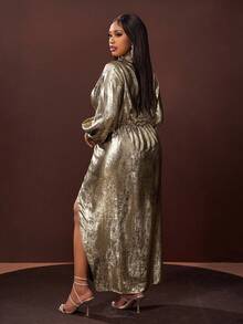 Veslaya Robe femme grande taille automne/hiver 2025, robe de cocktail moulante à col V profond et manches longues, élégante. Convient pour les concerts de musique country, les invités de mariage, les sorties en amoureux, les soirées de gala - Champagne - Voir 2