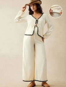 Boho Mama Fall Clothes,Autumn Clothes,Maternity Autumn/Winter Clothes Maternity 2pcs Maternity Ruffled Lantern Sleeve Tie Front Shirt And Adjustable Waist Wide Leg Pants Casual Outfit Pant Set Woman Long Sleeve Pant Set Blouse And Pants Set Pant Suit Two Piece Pant Set Two Piece Outfit - Yellow - View 2