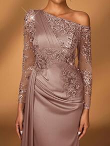 Serin Đầm dạ hội dài tay dáng đuôi cá sang trọng, thanh lịch với ren thêu và đính sequin, chất liệu satin co giãn, xẻ tà bên, thích hợp cho đám cưới, tiệc tùng, kỳ nghỉ, dạ hội, sự kiện buổi tối, đầm dành cho mẹ cô dâu, ngày Valentine. - Bụi hồng - Xem 4