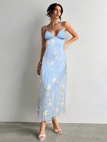 Aloruh Đầm thêu cổ chữ V sâu thanh lịch, quyến rũ, ôm sát, eo cao, lãng mạn dành cho nữ - Màu xanh nhạt - Xem 3