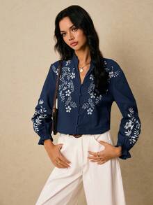 Poéselle 女士花卉刺绣前襟纽扣翻领长袖衬衫 - 藏蓝色 - 查看 4