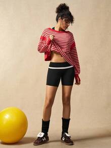 VARSIVA Women's Contrast Stripe Long Sleeve Sports T-Shirt Open Back Workout Top Open Back Athletic Top Gym Tops Rib Knit Open Back Tops Workout Tops - Multicolor - View 4