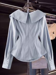 GlowEve Áo cánh tay dài cổ chữ V cạp chun, màu trơn, đa năng, mùa xuân/thu, thường ngày, công sở, đi làm cho nữ - Màu xanh lam - Xem 2