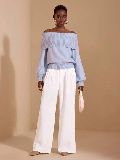 JIAN LASALA Maglione oversize con scollo e orlo asimmetrico a costine, maniche lunghe, casual, da donna, per autunno/inverno, colore azzurro chiaro, spalla scoperta, abbigliamento da resort di lusso e di stile, collezione 2025