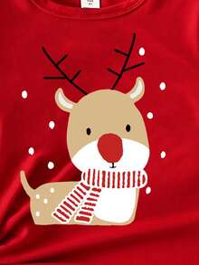 Merry Christmas Baby Girl Fashionable Cartoon Cute Reindeer & Snowflake Print Neck Warmer, Versatile & Comfortable Crew Neck Red Short Sleeve T-Shirt Suitable For Christmas Party Baby Girl Red N White T Shirts Red Toddler Shirt Girl Toddler Graphic Tees Cute Toddler Tops