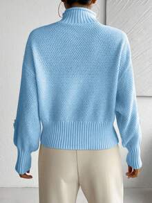 Almamuse Solid Color High Neck 3D Floral Decor Long Sleeve Pullover Sweater - Blue - View 2