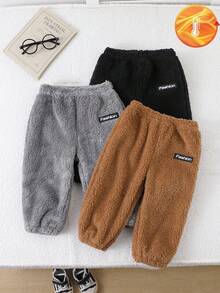 SHEIN Playful Pals 男童休闲羊毛保暖字母贴布翻边裤，秋冬 - 彩色 - 查看 1