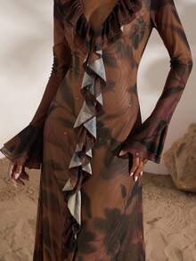 Opulessa Fall  Winter Halloween Vacation Knit Mesh Print V-Neck Long Sleeve Ruffle Hem Dress For Women Brown Elegant Dress Women - Brown - View 2