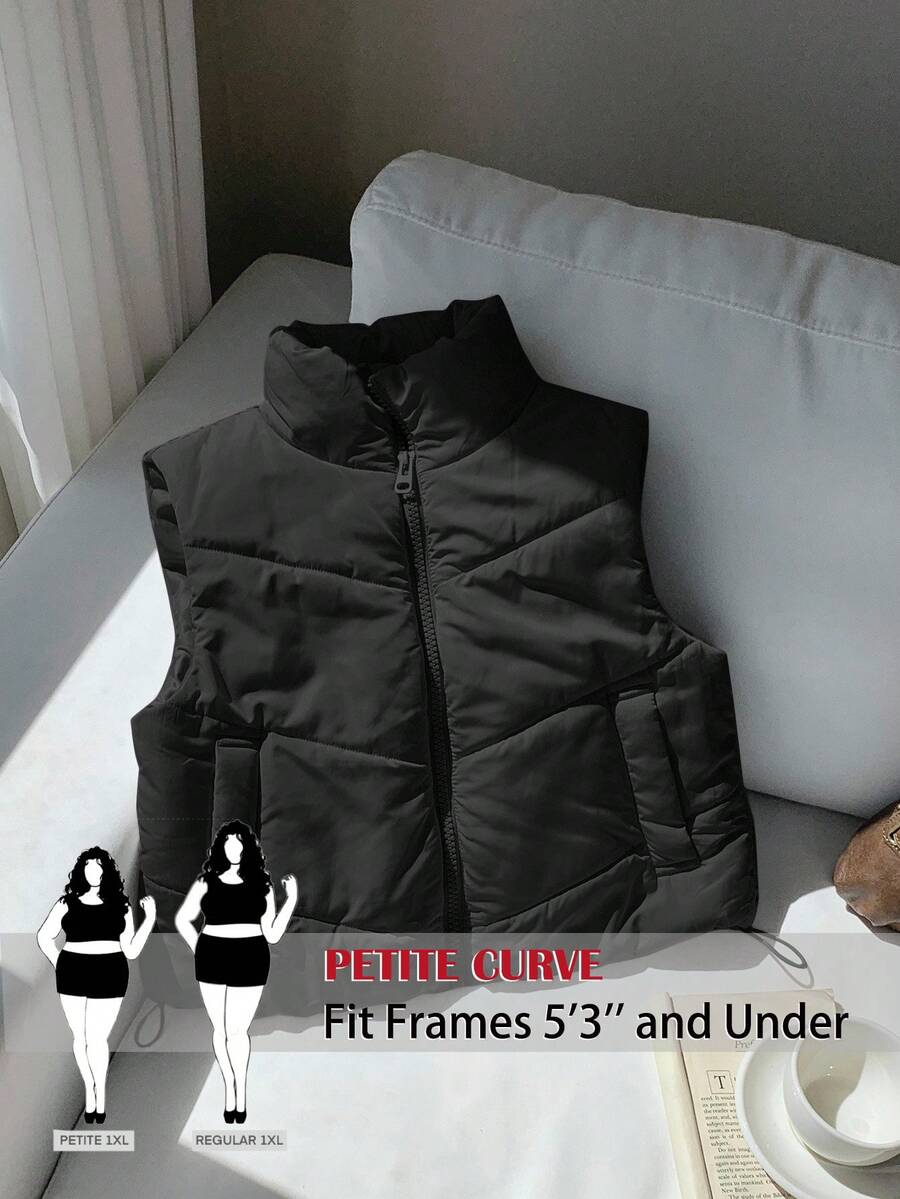 SHEIN PETITE CURVE 大尺碼女款休閒寬鬆俐落哥德風時尚純色立領拉鍊加厚背心，秋季徒步百搭黑色 2026 外套