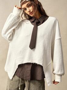Bohemela Áo nỉ dài tay cổ chữ V màu trơn đơn giản, rộng rãi, giặt thoải mái, quần áo thu đông cho nữ - trắng - Xem 2