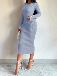 EURMUSE Solid Ribbed Knit Bodycon Sweater Dress - Blue - View 4