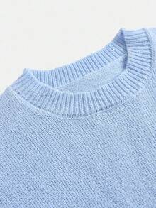 SHEIN Girlism 青少年女孩寬鬆版型花卉刺繡圓領落肩長袖針織毛衣，藍色秋冬服飾 - 藍色 - 查看 3