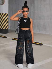 SHEIN Tween Girl Y2K Fashionable Retro Washed High Waist Distressed Ripped Straight Leg Jeans, Back To School Casual - Black - View 4