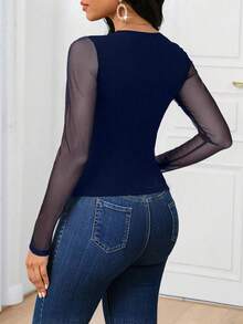SHEIN Lady 2025 New Women's Fashion Sweetheart Collar Slim Fit Mesh Patchwork Navy Blue T-Shirt - Navy Blue - View 2