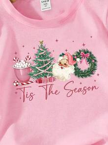Merry Christmas Tween Girl Christmas Outfit - Fashionable, Unique, Fresh, Cute Christmas Tree, Bow, Santa Claus, Candy Cane, Letter Graphic Print Short Sleeve T-Shirt, Suitable For Christmas Party Christmas Clothes For Girls Pink Tops For Kids Christmas T-Shirt Girl T Shirt For Girls Girls Christmas Shirt