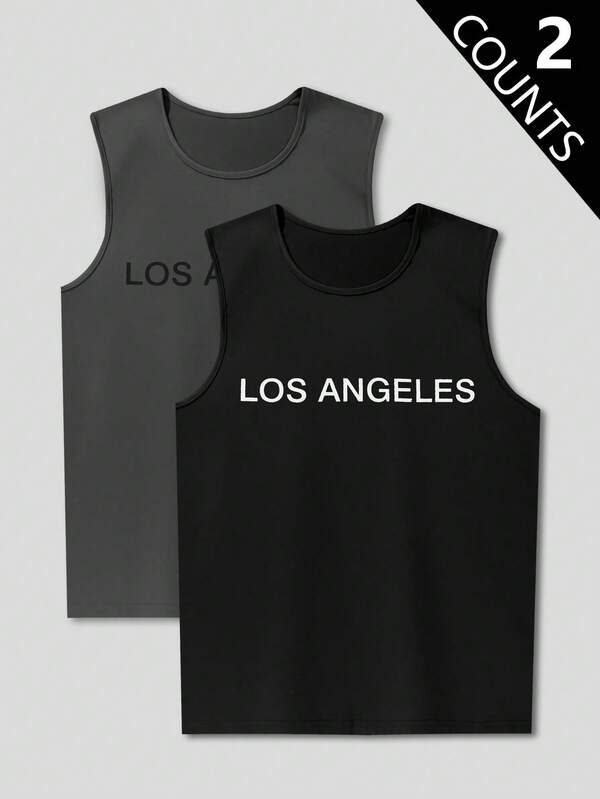 2pcs Los Angeles Comfortable Homewear, Fashionable Casual T-Shirt, Sleeveless Top, Plus Size Men Pajamas