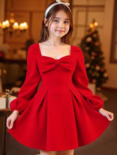 Pitira Abito da festa per ragazze pre-adolescenti, vestito corto elegante e vintage con fiocco grande, maniche lunghe, vita in vita a-line, adatto per feste di Natale, danza, inverno, rosso, festa, vacanze, elegante, vintage, Natale, Capodanno, velluto