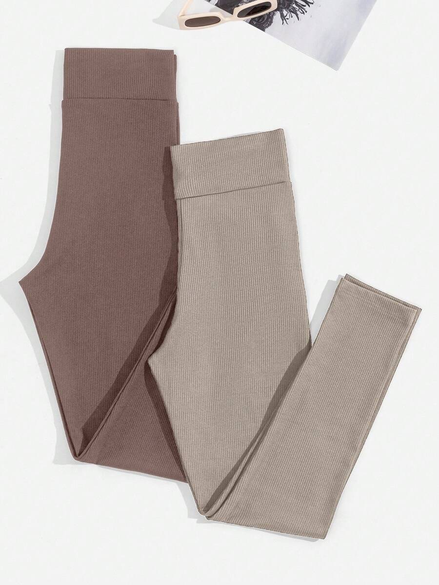 EURMUSE 2pcs Women Casual Solid Color Ribbed High Waist Leggings, Suitable For Daily Commute - Multicolor - View 1