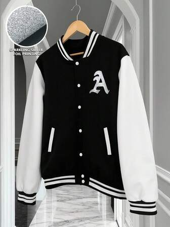 Manfinity Roghcode Classic Black And White Baseball Jacket - "A" Letter Silver Foil Print Jacket, Contrast Sleeve Design, Vintage American College Style, Sports Casual Item,Men Contrast Color Casual Long Sleeve Jacket, Fall