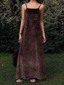 DAZY Velvet Floral Print Slip Dress, Straight Casual Dress For Women, Autumn/Winter Dress - Brown - View 3