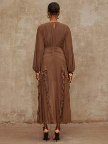 Lumalex Vestido de gasa marrón sólido con volantes en el bajo, elegante y sexy, estilo bohemio de lujo, nueva colección Otoño/Invierno 2025, para fiesta/noche