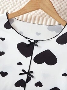 Tween Girl Heart Print Contrast Piping Lettuce Trim Bow Front Top & Pants Pajama Set, Spring/Autumn - Multicolor - View 5