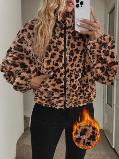 Easowa Women's Zip-Up Drawstring Long Sleeve Warm Fleece Fashionable Casual Stand Collar Sweatshirt, Leopard Print Autumn Winter Brown Sweatshirt,Fall