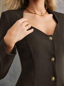 Poéselle 女式纯色鸡心领长袖上衣和短裤优雅两件套 - 深灰色 - 查看 3