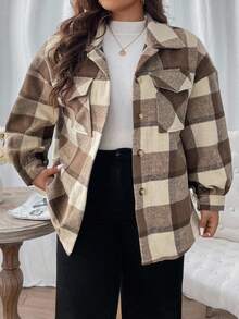 SHEIN CURVE+ Plus Size Women Casual Retro Brown Plaid TR Composite Long Sleeve Jacket - Coffee Brown - View 6