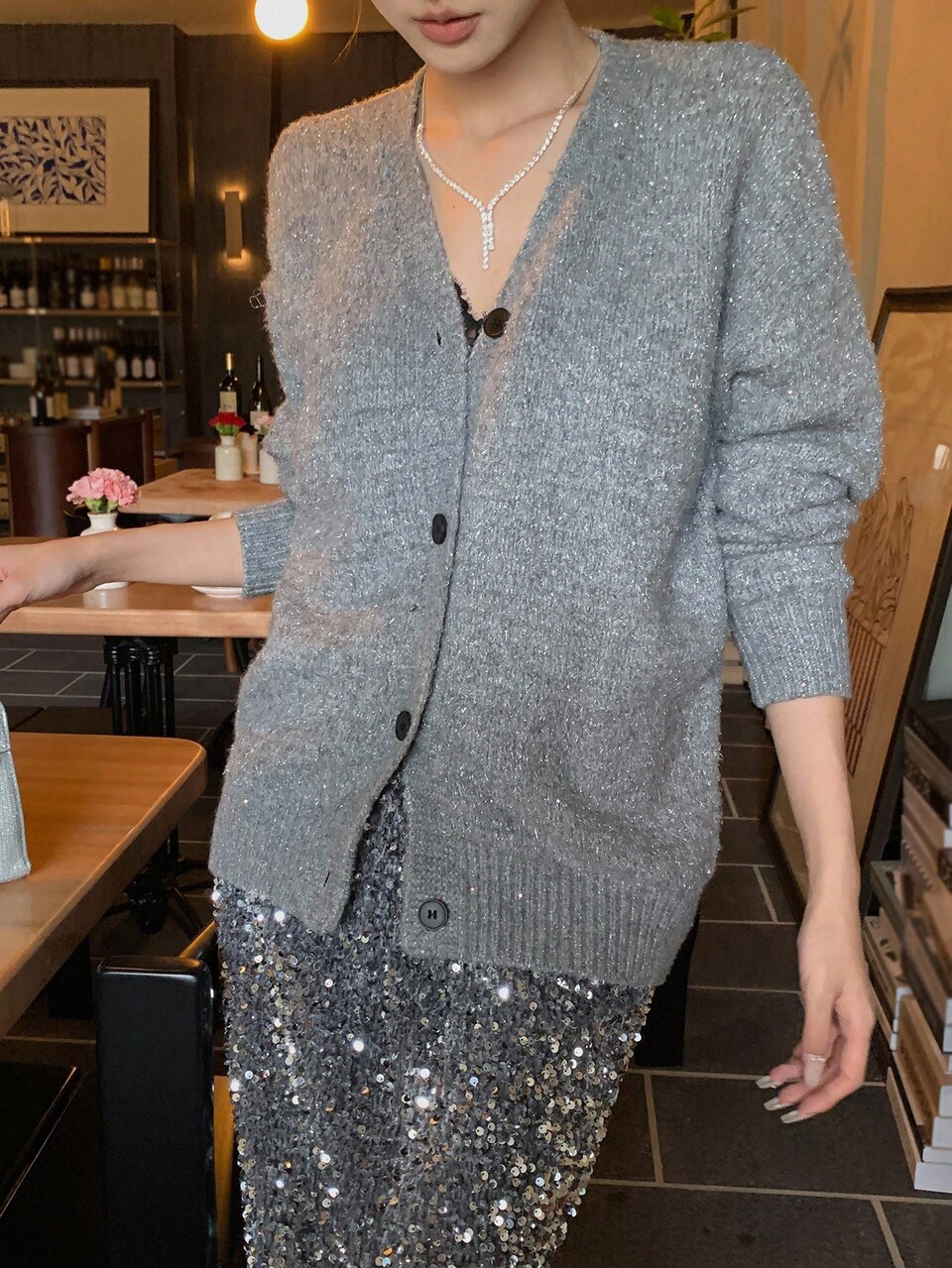 Women's Solid Color Casual Sequin Cardigan, Korean Style, Long Sleeve, Autumn/Winter
