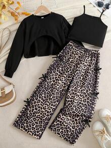 SHEIN Explorewe Tween Girls 3 Pieces Set,Black Camisole Top,Asymmetrical Hem Long Sleeve Crop Top&Leopard Print Straight Leg Pants,Bow Decor Casual Swag Black Autumn - Black - View 7
