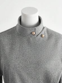 GlowEve 女士灰色优雅廓形系带腰身金属蘑菇扣斗篷外套，百搭 - 灰色 - 查看 4