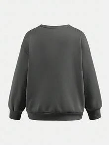 SHEIN Girlism 少女图案印花针织圆领宽松休闲运动衫和运动裤套装 - 灰色 - 查看 4