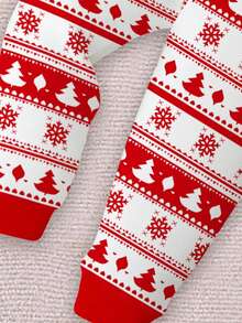 SHEIN Happikins Merry Christmas Young Girl Casual Minimalist Christmas Cute Cartoon Reindeer, Christmas Tree, Snowflake, Christmas Bell, Candy Cane Pattern, Christmas Geometric Floral, Fair Isle, Red Patchwork, Thermal Lined Soft Comfortable Long Sleeve Long Pants Sleepwear, Snug Fit Christmas Pajamas - Multicolor - View 6