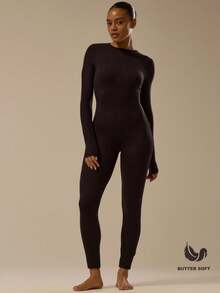 MUSERA ESSENTIALS Fitted Long Sleeve Jumpsuit Classy Basic Sexy Fall Autumn Basics Soft Buttery Toffee Winter Evening    Party Spring Summer - Black - View 1