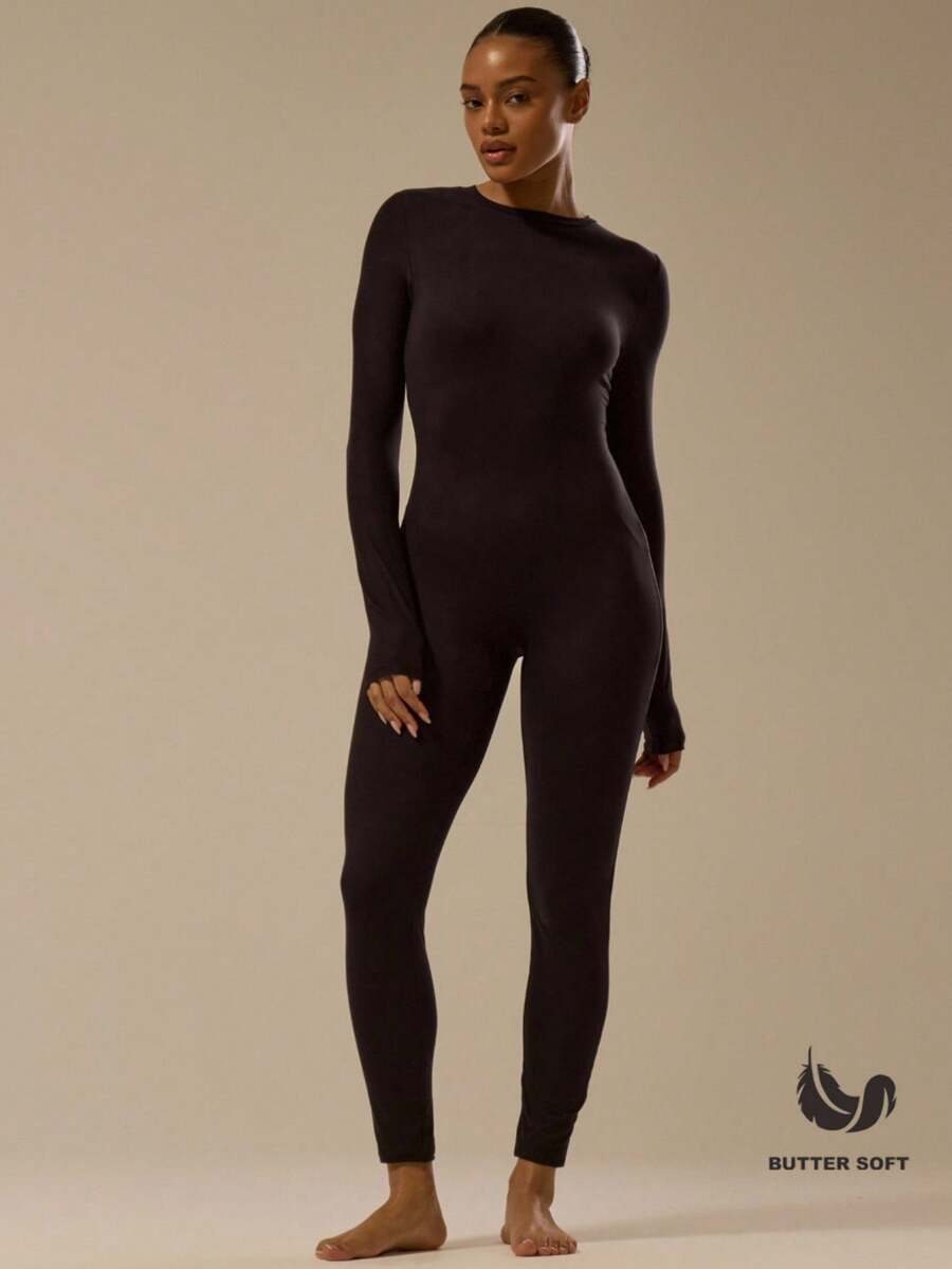 MUSERA ESSENTIALS Fitted Long Sleeve Jumpsuit Classy Basic Sexy Fall Autumn Basics Soft Buttery Toffee Winter Evening    Party Spring Summer - Black - View 1