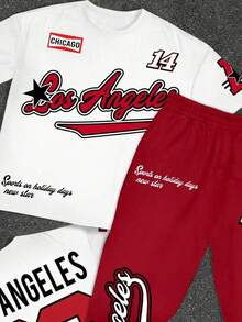 SHEIN Tween Boy Y2K 秋季新款休闲简约风格英文数字和卡通印花运动街头风圆领 T 恤和喇叭裤 2 件套，适合夏季 - 彩色 - 查看 4