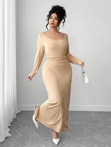 Elenzga Plus Size Women's Crew Neck Long Sleeve Knit Elastic Solid Color Maxi Dress, Versatile Dress With Multiple Wearing Ways, Fashionable, Elegant, Minimalist, Retro Romantic For Commute, Suitable For Daily Wear, Party, And Formal Events, Fitted And Sexy - Khaki - View 3