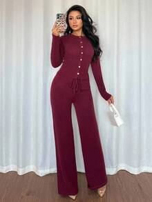 Chiquease 2件套女士百搭简约时尚通勤针织毛衣套装2件套休闲套装女士舒适两件套正式套装 - 酒紅色 - 查看 4