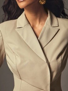 Hauture Sage Green Autumn Elegant Office Women's Bold Shoulder Blazer Jacket,Old Money Business Casual Elegant Front Fold Over Minimalist Suit Coat - Khaki - View 6