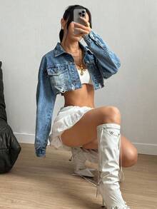 SHEIN ICON Ripped Drop Shoulder Crop Denim Jacket - Light Wash - View 6