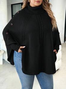 SHEIN CURVE+ Plus Size Solid Color Turtleneck Loose Knit Poncho Sweater In Fall/Winter - Black - View 3