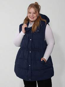 SHEIN CURVE+ Curve Plus 拉链连帽背心外套，冬季款 - 藏蓝色 - 查看 1