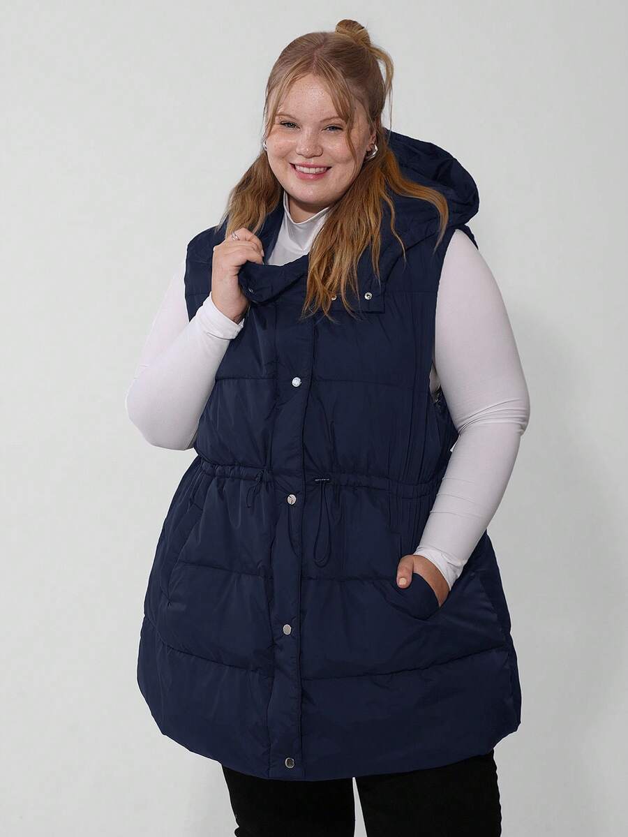 SHEIN CURVE+ Curve Plus 拉链连帽背心外套,冬季款 - 藏蓝色 - 查看 1