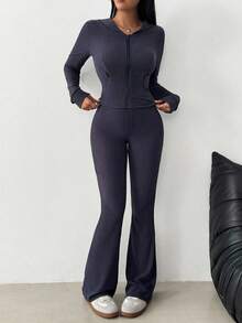 Celisse Damen Einfarbige Langarm Reißverschluss Kapuzenjacke und weite Hose Lässig 2 Stücke Set, Herbst - marineblau - Übersicht 4