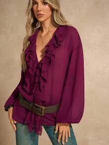 Chiquease Women's Ruched Peplum Collar Lantern Sleeve Belted Shirt - Burgundy - View 4